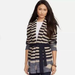 LRL Ralph Lauren Jeans Cardigan Sweater Large Navajo Striped Linen Cotton Belted
